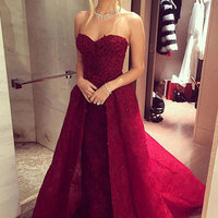  Burgundy  long prom dress with lace,burgundy evening dresses - Thumbnail 1