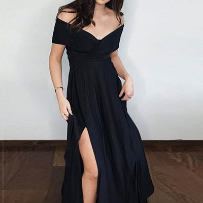 Simple black long prom dress with slit,black evening dress