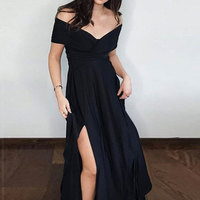 Simple black long prom dress with slit,black evening dress - Thumbnail 1