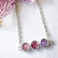 Real Pressed Flowers and Resin Necklace Ombre Pink Purple Bar - Thumbnail 4