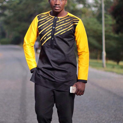 Yellow and black men's long sleeves shirt and pants african clothing men's wear