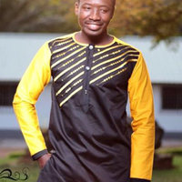 Yellow and Black Men's Long Sleeves Shirt and Pants African Clothing Men's Wear - Thumbnail 1