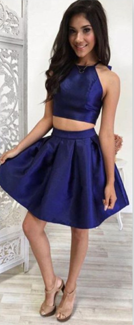 Knee Length Two Piece Deep Blue Homecoming Dress