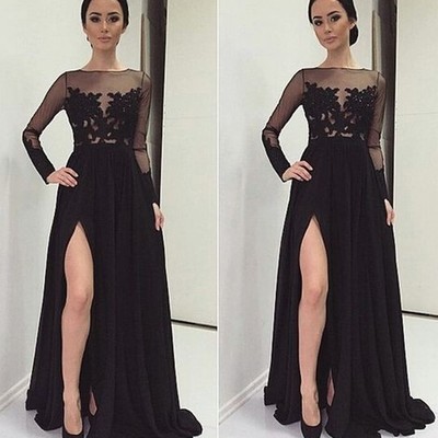 Black lace long sleeve long prom dress,black evening dresses