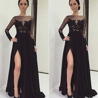 Black lace long sleeve long prom dress,black evening dresses - Thumbnail 1
