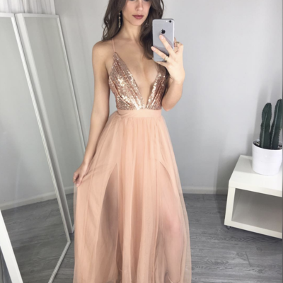 Pink v neck tulle sequins long prom dress,pink evening  dress