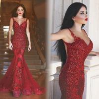 Red mermaid  sequins lace long prom dress,red evening gown - Thumbnail 1
