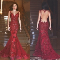 Red mermaid  sequins lace long prom dress,red evening gown - Thumbnail 2