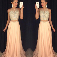 Fashion 2 pieces beading long prom dress,modern scoop A-line evening dresses - Thumbnail 1