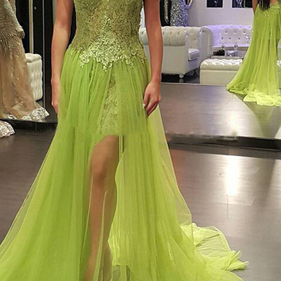 Mint prom dresses, sheath column off-the-shoulder asymmetrical tulle prom dress evening dress mk250