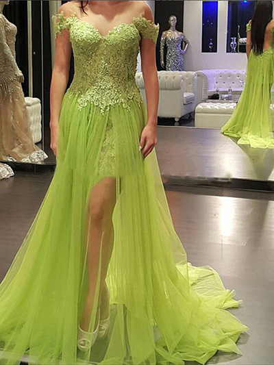 mint prom dresses, Sheath Column Off-the-shoulder Asymmetrical Tulle Prom Dress Evening Dress MK250