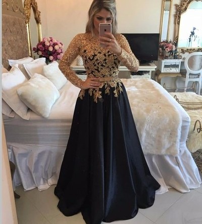 Gold lace and black long sleeve long prom dress,black evening dress