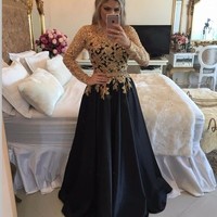 Gold lace and black long sleeve long prom dress,black evening dress - Thumbnail 1
