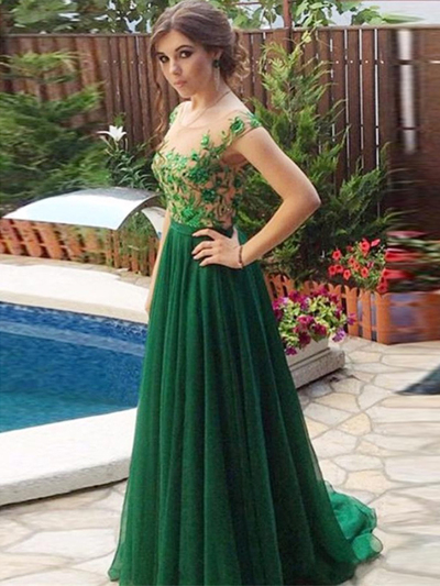 2017 prom dresses, A-line Scoop Floor-length Tulle Evening Dress MK211