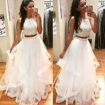 White 2 pieces long prom dress,evening dresses