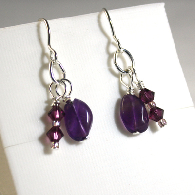 Amethyst gemstone and purple crystal earrings on sterling silver ear hooks