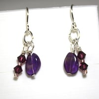 Amethyst Gemstone and Purple Crystal Earrings on Sterling Silver Ear Hooks - Thumbnail 1