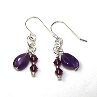 Amethyst Gemstone and Purple Crystal Earrings on Sterling Silver Ear Hooks - Thumbnail 2