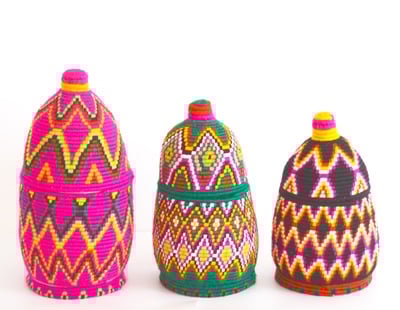 Trio of Handwoven Berber basket Vintage Moroccan round basket platter bowl tray