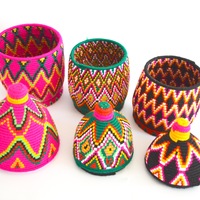 Trio of Handwoven Berber basket Vintage Moroccan round basket platter bowl tray - Thumbnail 3