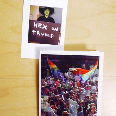 Women's march double exposures zine and hex on trump sticker
