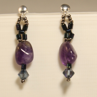 Amethyst gemstone and crystal sterling silver stud earrings