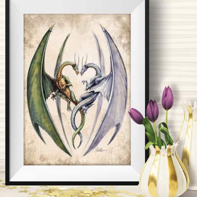 Fantasy fine art giclee print entwined dragons lovers love valentines