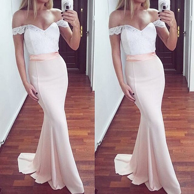  white lace off shoulder mermaid prom dress,white and light pink evening dresses