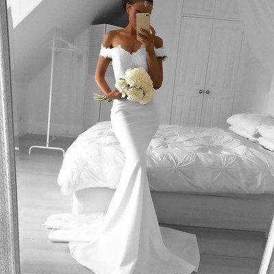 White lace mermaid long evening dress, white prom dress