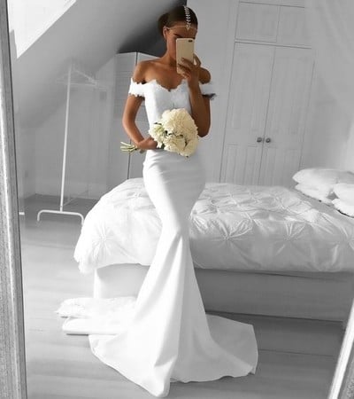 White lace mermaid long evening dress, white prom dress