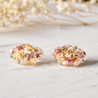 Real dried flowers and resin cloud stud earrings in orange rose white green