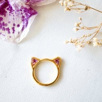 Real Pressed Flower and Resin Gold Cat Ring in Purples