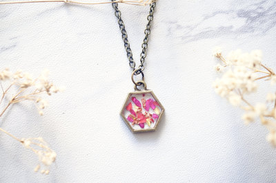 Real Dried Flowers in Resin Necklace in Neon Pink Yellow Gold Flakes