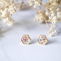 Real Dried Flowers and Resin Hexagon Gold Stud Earrings in Pastel Mix - Thumbnail 1