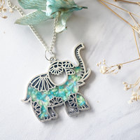 Real Dried Flowers in Resin Silver Tribal Elephant Necklace in Mint Teal Mix - Thumbnail 1