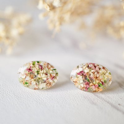 Real dried flowers and resin oval stud earrings in orange rose white green