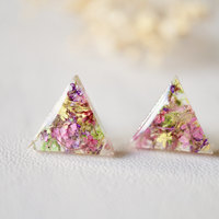 Real Dried Flowers and Resin Triangle Stud Earrings in Pink Yellow Purple Green - Thumbnail 1