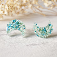 Real Dried Flowers and Resin Moon Stud Earrings in Mint and Blue - Thumbnail 1