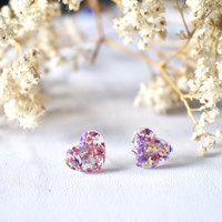Real Dried Flowers and Resin Heart Stud Earrings in Purple Mix - Thumbnail 1