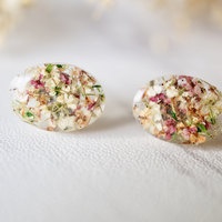 Real Dried Flowers and Resin Oval Stud Earrings in Orange Rose White Green - Thumbnail 1