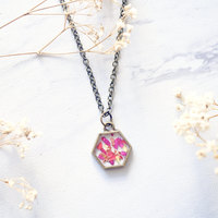Real Dried Flowers in Resin Necklace in Neon Pink Yellow Gold Flakes - Thumbnail 2