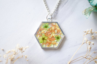 Real Dried Flowers in Resin Silver Hexagon Necklace in Orange Green Copper Flake Mix