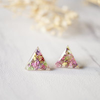 Real Dried Flowers and Resin Triangle Stud Earrings in Pink Yellow Purple Green - Thumbnail 2