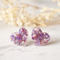 Real Dried Flowers and Resin Heart Stud Earrings in Purple and Rose - Thumbnail 2