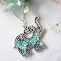 Real Dried Flowers in Resin Silver Tribal Elephant Necklace in Mint Teal Mix - Thumbnail 3