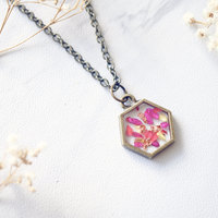 Real Dried Flowers in Resin Necklace in Neon Pink Yellow Gold Flakes - Thumbnail 3
