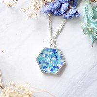 Real Dried Flowers in Resin Silver Hexagon Necklace in Blue Teal Mix - Thumbnail 1