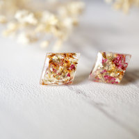 Real Dried Flowers and Resin Diamond Stud Earrings in Orange Rose White - Thumbnail 3
