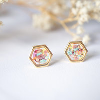 Real Dried Flowers and Resin Hexagon Gold Stud Earrings in Pastel Mix - Thumbnail 4