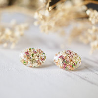 Real Dried Flowers and Resin Oval Stud Earrings in Orange Rose White Green - Thumbnail 3